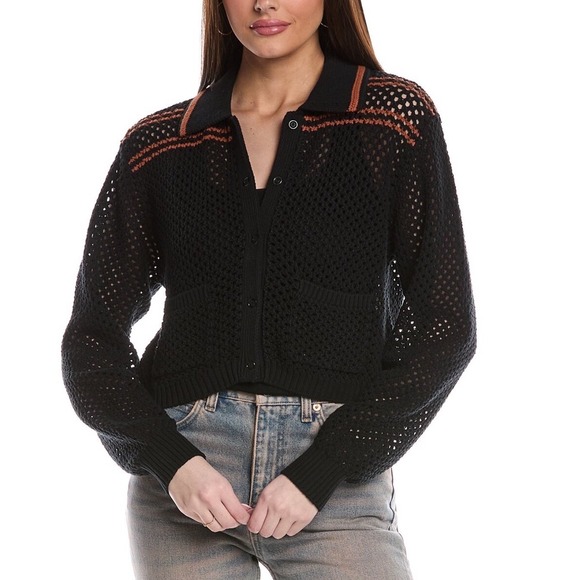 RE/DONE Crochet Mesh Polo Cardigan Black Combo Knitwear Women's Size L (A) - Picture 1 of 12